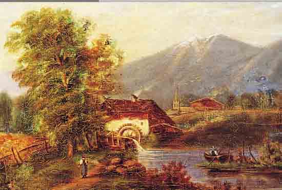 UNBEKANNTER KüNSTLER, UM 1860, ÖL/LWD., 28 X 37 CM, MüHLE AM BACH, MIT ANGLER, VORALPENLANDSCHAFT, L. ALTERS- SPUREN, ...