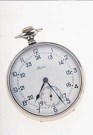 ALPINA HERRENTASCHENUHR LEPINE, SCHWEIZ UM 1936, NICKEL, EMAILBL. M. SELTENER 12 U. 24- EINTEILUNG, SIGN., 15 ST., BRüCKENANKERW. VERG., KAL. ...
