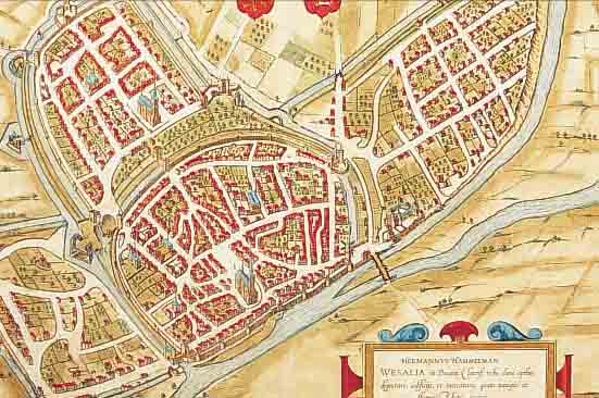 KONVOLUT VON 4 BLATT, MIT KUPFERSTICHEN VON WESEL (NIEDERRRHEIN): 1.) ALTKOLOR. KUPFERSTICH V. BR. U. HOGENBERG, CA. 1590, GA WESEL, ...