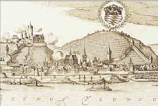 KONVOLUT VON 6 BLATT, MIT ANSICHTEN V. BACHARACH: 1.) SELTENER KUPFERSTICHK. V. B. PIERE VAN DER AA, GA. üBER DEN RHEIN WäHREND DER ...