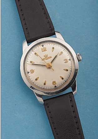 LEMANIA HERRENARMBANDUHR, REF.-NR. 287, SCHWEIZ UM 1954, EDELST., BODEN GESCHR., BLATTFL., 17 ST., HANDAUFZUGKAL. 5050, INDIR. ZENTRALSEK., ...