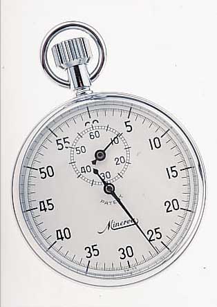 MINERVA EINHANDSTOPPER, SCHWEIZ UM 1975, METALL HARTVERCHR., EMAILFARB. KONTRASTZIFFER-BL., 60-MIN.-STOPPZäHLER, ORIG.-LAGERKASTEN, U. LOGO, EZ ...