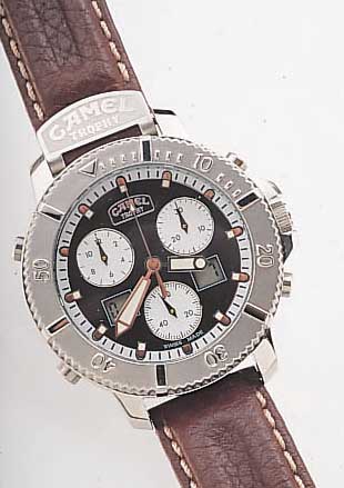 CAMEL TROPHY ARMBANDCHRONOGRAPH, REF.-NR. 615/1080/1099, SCHWEIZ UM 1998, EDELST., TEIL-W. POL., LüNETTE EINS. RAST. DREHB., BOMB. MINERALGL., ...