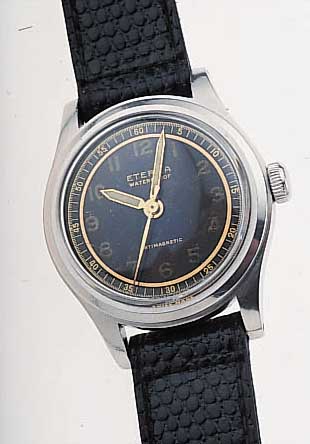 ETERNA HERRENARMBANDUHR WATERPROOF, SCHWEIZ UM 1939, EDELST., BODEN GESCHR., AUßER LEDERB.ORIG.-ZUSTAND, 15 ST., RUNDANKERW. IN GEH. QUAL., KAL. ...