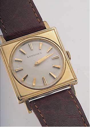 LONGINES HERREN/DAMENARMBANDUHR, SCHWEIZ/USAUM 1960, GG 585/000-CARREE-GEH., MAßE CA. 25 X25 MM, BODEN GEDR., AUFGES. GOLD-STD.- ZEICHEN, ...