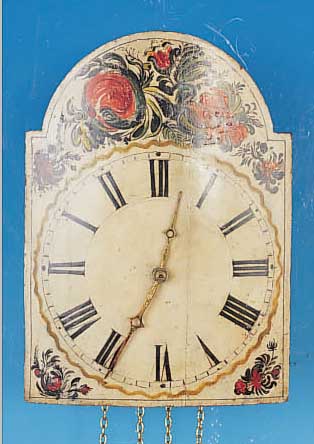 SCHILDERUHR, SCHWARZWALD, UM 1860, FLORAL BEMALTES BOGENZIFFERBLATT, Z.T. RESTAURIERT, MESSINGZEIGER, HOLZPLATINENWERK, WECHSELRAD, ...