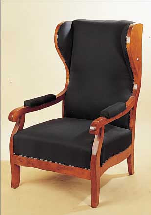 OHRENBACKENSESSEL, BIEDERMEIER, UM 1830, BIRKE MASSIV, POLIERT, ALTERSSCHäDEN, 110 X 63.5 X 75 CM