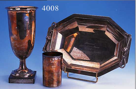 2 POKALE UND 1 SCHALE, TROPHäEN, METALL VERSILBERT, 1X H CA. 28 CM, LODEN-FREY-POKAL 1979, MARMORSOCKEL, 1X ARAL-POKAL 1981, H CA. 12 ...