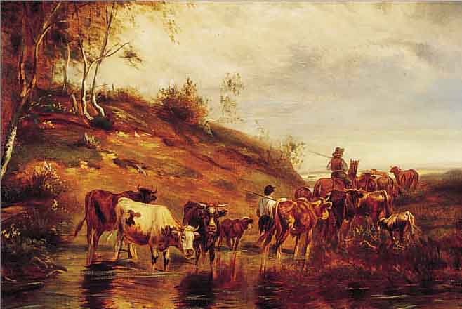 MALI, CHRISTIAN FRIEDRICH, 1832 BROEKHUIZEN- 1906 MüNCHEN, ZWEI HüTEJUNGEN TREIBEN DIE RINDER DURCH EINE FURT, ÖL/LWD, LI. U. SIGN., KLEINERE ...
