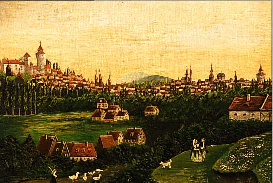 UNBEKANNTER KüNSTLER, 19. JH., ÖL/LWD., 26,5 X 34 CM, IDEAL. MITTELALTERLICHE STADT MIT BIEDERMEIERPAAR UND GäNSELIESEL, NAIVE MALEREI