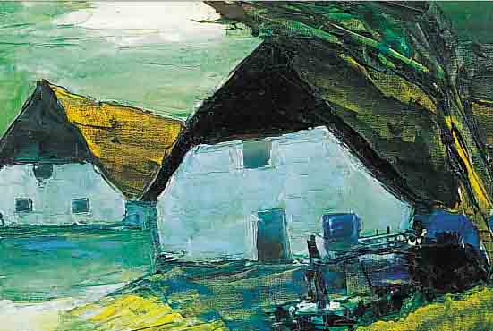FINK,  ÖL/LWD., BLAUE SCHEUNE 38 X 48 CM