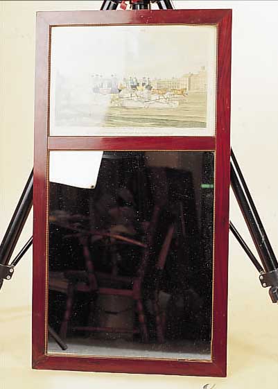 BIEDERMEIERSPIEGEL, UM 1820, MAHAGONIRAHMEN,82 X 85 CM, GLAS ERGäNZT, L. BESCH.