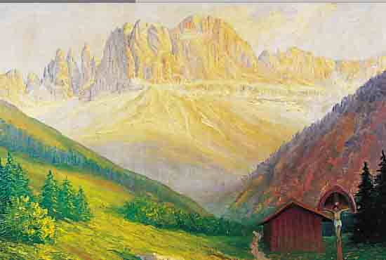 HARMANN,? MüNCHNER SCHULE, 30ER JAHRE, ÖL/LWD., ALPENLANDSCHAFT MIT MATERL, SIGNIERT, L. ALTERSSPUREN, R., M. CA. 48 X 61 CM
