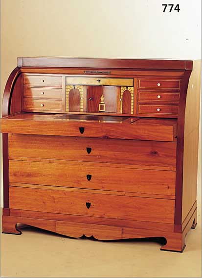 ZYLINDERBüRO, NORDDEUTSCH, UM 1830, MAHAGONI MASSIV, 117 X 120 X 60 CM, AUFWENDIGE INTARSIERTE INNNENEINRICHTUNG