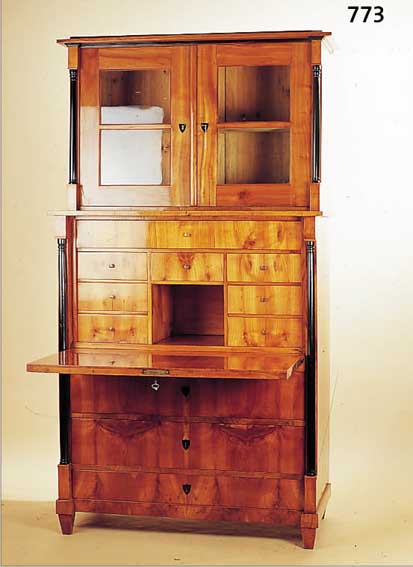 AUFSATZSEKRETäR, MITTELDEUTSCH, UM 1820, KIRSCHBAUMFURNIER UND MASSIV, SäULENDEKOR SPäTER HINZUGEFüGT, FüßE ERGäNZT, 195 X ...