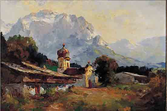 MüLLER-SCHWABEN, 1879 MAIN - MüNCHEN, ÖL/LWD., 50 X 70 CM, KL. ALPENDORF, SIGNIERT, R.