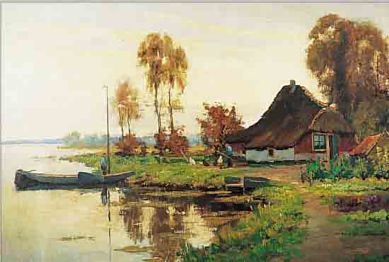 BERG, V.D., WOHL 1886 - 1970, ÖL/LWD., UFERLANDSCHAFT IN DER DäMMERUNG, SIGNIERT, RAHMEN, 70 X 92 CM