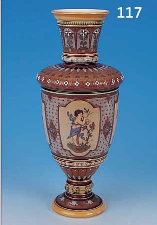 VASE, METTLACH, 1905, STEINZEUG, BUNT STAF- FIERT, VIER KARTUSCHEN MIT PUTTIDARSTELLUNGEN,REICHER RELIEF. RITZDEKOR, ABSTRAKT FLORAL, H.36 CM