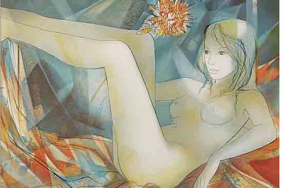 VALADIé, JEAN -BAPTISTE, * 1933, LITHO, LIEGENDER FRAUENAKT MIT DALIE, 57/150, SIGN., 50 X 38 CM, UNTER GLAS, RAHMEN, PP, RAHMEN L. BEST.