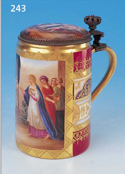 BIERKRUG, DRESDEN, UM 1900, PORZELLAN, SEHR FEINE BUNTE BEMALUNG VON SCHöNER QUALITäT, GR. KARTUSCHE MIT ANTIKISIERENDER SZENE, ...