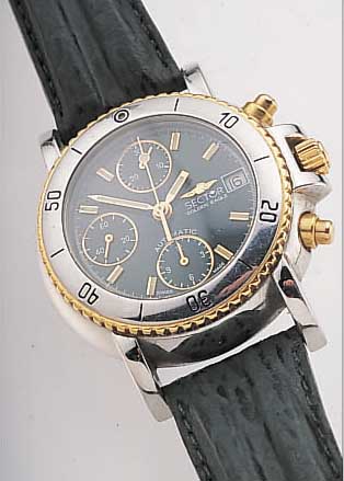 SECTOR ARMBANDCHRONOGRAPH GOLDEN EAGLE, REF.-NR. 2298, SCHWEIZ UM 1990, EDELST. MASSIVBODEN U. KRONE GESCHR., BEI FERTIGST. WASSER- D., BOMB. ...