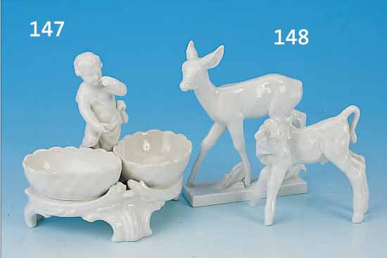 ZWEI PORZELLANFIGUREN, MEISSEN, 1 X UM 1900,KALB, H. 8 CM; 1 X 20. JH., REHKITZ, H. 12,5 CM, 2. WAHL