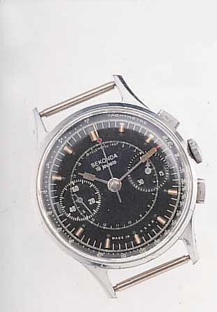 SEKONDA (POBJEDA) ARMBANDCHRONOGRAPH, SOWJETUNION UM 1956, METALL VERCHR., EDELST.- BODEN U. GLASR. GEDR., BLATTDESIGN FüR ...