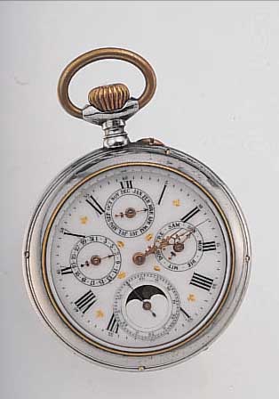 HERRENTASCHENUHR LEPINE, VOLLKALENDER, SCHWEIZ UM 1905, STAHLGEH. (KORROSION, TEILW. BER.), EMAILBL. M. GOLDPIQUETARBEIT, KORREK- TURDR. ...