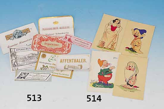 CA. 50 WEINETIKETTEN, DEUTSCH, UM 1840 BIS 1900, PAPIER BUNT GEDRUCKT, TEILS KüNSTLERENTWüRFE, VERSCH. GRößEN, TEILS ...
