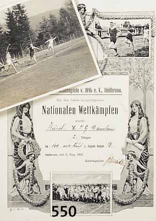 SAMMLUNG AUS URKUNDEN UND FOTOS ZUM THEMA SPORT, DEUTSCH, 20ER JAHRE, 33 URKUNDEN UND 39 FOTOS, 2 AUSWEISE, MEIST LITHOGRAPHIERT, ...