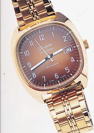 GLASHÜTTE HERRENARMBANDUHR SPEZICHRON, REF.-NR. 053103, DEUTSCHLAND UM 1980, METALL ROTVERG., EDELST.-BODEN GEDR., NEUTR. EDELST.-/GG-BAND, ...