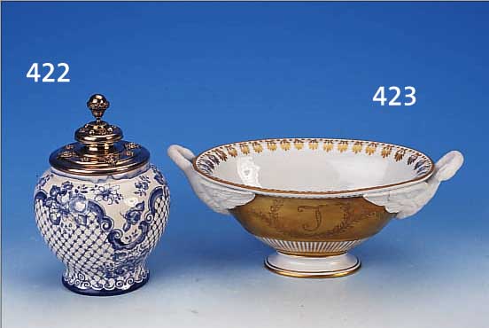 DECKELGEFäß, HOLLAND/ÖSTERREICH, 19. U. 20. JH., FAYENCE BEMALT, SILBERDECKEL WIEN 1833, 13-LöTIGES SILBER, H. 21 CM