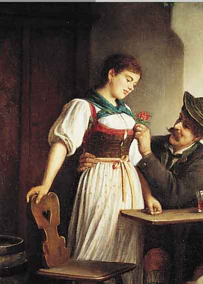 EPP, RUDOLPH, 1834 EBERBACH - 1910 MüNCHEN, ÖL/LWD., ROMANTISCHE SZENE IN BäUERLICHER STUBE, KAVALIER IN BAYRISCHER TRACHT STECKT EINER ...