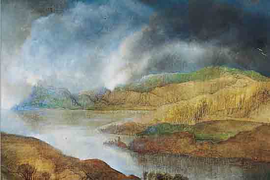 EMRATH, VOLKER E., 80ER J., ÖL/SPANPLATTE, 25 X 29 CM, RAHMEN, MYSTISCHE LANDSCHAFT, FEINE MALEREI, RüCKSEITIG, SIGNIERT ...