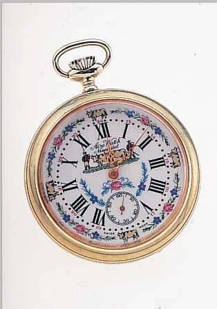 AERO WATCH HERRENTASCHENUHR, SOGEN. KUHUHR, REF.-NR. 1004, SCHWEIZ UM 1975, METALL VER- N., RüCKS. GRAV. DARST. EINER KUHSTALLSZENE, EMAILFARB. ...