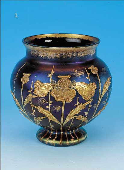 VASE, LöTZ, UM 1892, , H. 25.5 CM, KLOSTERMüHLE, FARBLOSES GLAS, RUBINROTER UNTERFANG, DUNKELBLAUE UND VIOLETTE ...