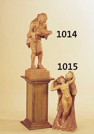 GROßE HOLZSKULPTUR, DEUTSCH, 20. JH., DER BüCHERWURM NACH SPITZWEG, LINDENHOLZ GESCHNITZT, DAZU EICHENSTELE (SEK.), H. CA. 78 CM, ...