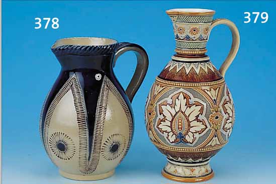 KRUG, METTLACH, UM 1890, STEINZEUG, REICHER RITZDEKOR, BUNT STAFFIERT, ABSTRAKT FLORALE VERZIERUNG, H. CA. 26 CM