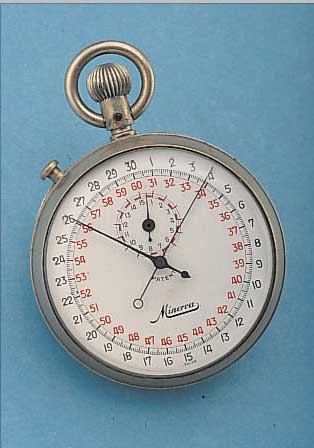 MINERVA EINHANDSTOPPER MIT SCHLEPPZEIGERFUNK- TION, REF.-NR. 499405, SCHWEIZ UM 1942, NICKEL, SCHNELLSCHWINGER, KONTRASTZIFFERBL. M.30ER U. 60ER ...