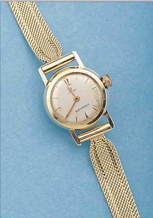 STOWA DAMENGOLDBANDUHR AUTOMATIK, DEUTSCH- LAND/SCHWEIZ UM 1958, GG 585/000 INCL. GG- FLECHTBAND U. SICHERHEITSKETTCHEN, BODEN GE- SCHR., BEI ...