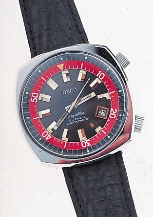 OSCO HERRENARMBANDUHR, DEUTSCHLAND UM 1970, MASSIV METALLGEH. HARTVERCHR., EDELST.-BODEN GESCHR., TAUCHERUHRDESIGN, SERIE AQUATIC, KAL.90 M. 2 ...