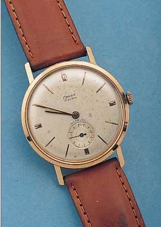 ONSA HERRENARMBANDUHR, REF.-NR. 1063/2, SCHWEIZ UM 1956, RG 750/000, BODEN U. GLASR. GEDR., ORIG.-BLATT ALTERSBED. FL., KL. SEK. TEILVERT., ...
