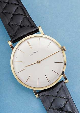 OLMA HERRENARMBANDUHR, REF.-NR. 11255, SCHWEIZ UM 1964, GG 750/000, BODEN U. GLASR. GEDR., PARALLEL LAUFENDE BANDANST., VERS. BLATT FL., ...
