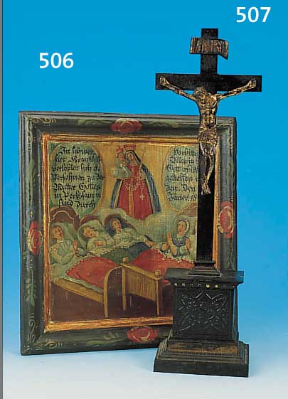VOTIVBILD, SüDDEUTSCH, DATIERT 1867, ÖL/HOLZ, ALS DANKGABE FüR üBERSTANDENE KRANKHEIT, CA. 22 X 21 CM, BEMALTER RAHMEN
