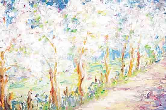 KRINNER, MICHAELA, GEB. 1915 WALDMüNCHEN, MEISTERSCHüLERIN OSKAR KOKOSCHKAS, BLüHENDE ALLEE, ÖL/MALKARTON, LI. U. SIGNIERT, CA. 54 X 76 ...