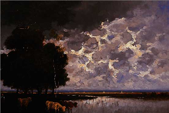 NEPPEL, HEINRICH, *1874 MüNCHEN - 1936 MüNCHEN, KüHE AN DER TRäNKE BEI GEWITTER- STIMMUNG, ÖL/MALKARTON, RE. U. SIGN., CA. 38 X 56 ...