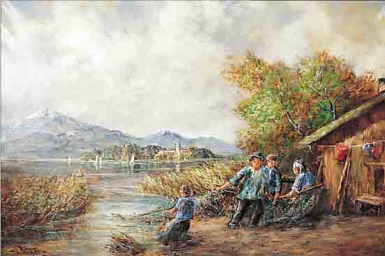 FUCHS, RUDOLPH, GEB. 1892 DIETZ AN DER LAHN, FISCHER AM CHIEMSEE, ÖL/LWD., LI. U. SIGN., CA. 60 X 85 CM, R.