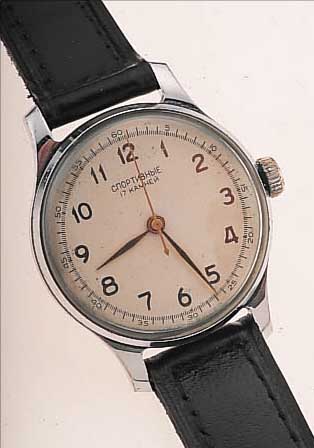 SPORTIVNIJE HERRENARMBANDUHR, SOWJETUNION UM 1957, METALL VERCHR., EDELST.-SCHR.-BODEN, AUßER LEDERB. ORIG.-ZUSTAND, 17 ST., HANDAUF- ZUG, ERSTE ...