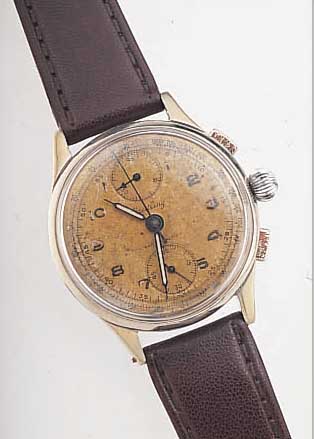 BREITLING ARMBANDCHRONOGRAPH, REF.-NR. 178, SCHWEIZ UM 1945, METALL VERCHR., BER., EDELST.-BODEN U. GLASR. GEDR., ORIG.-BLATT FL., 45- ...