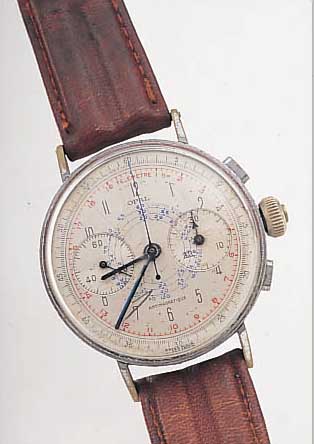 OPAL ARMBANDCHRONOGRAPH, REF.-NR. 119913, SCHWEIZ UM 1948, METALL VERCHR., BODEN U. GLASR. GEDR., FRüHES LANDERON-KAL. (3-DRüCKER-PRINZIP), ...